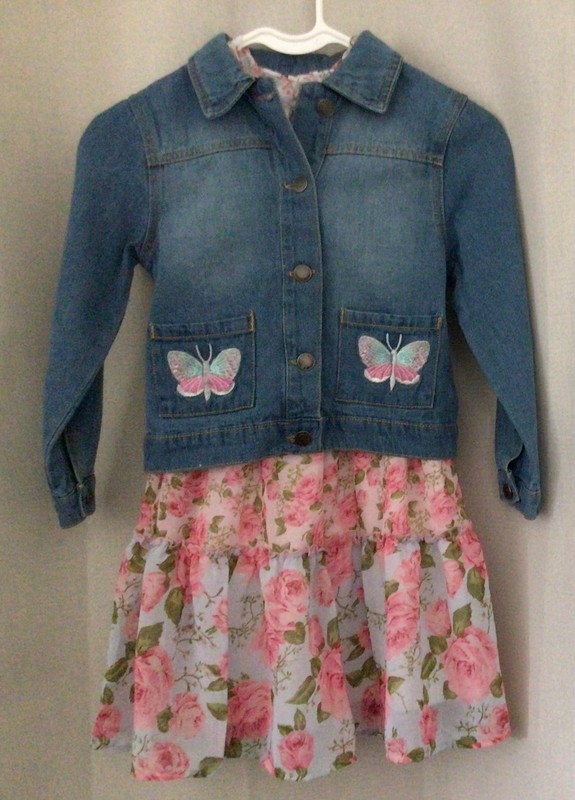 2 Piece ZUNIE GIRLS DRESS and BTWEEN JEAN JACKET, Pink Floral Tiered Ruffled 6X