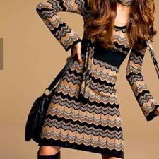 I.N.C. INTERNATIONAL CONCEPTS Tan Black Zig Zag Bell Sleeve Knit Sweater Dress S