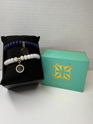 Rustic Cuff 2 Piece Blue & White Natural Stone Beaded Charm Bracelet Set New