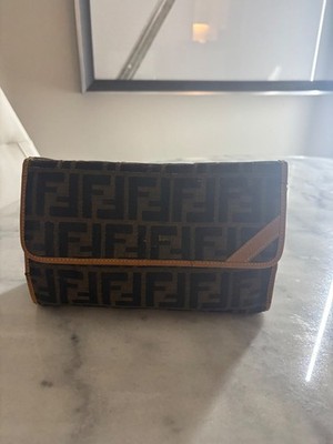 Fendi vintage zucca pattern print makeup bag. Worn. Neoprene with leather trim
