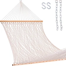 Large Cotton Rope Double Hammock with Hardwood Spreader Bar White US