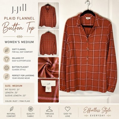 J Jill Medium Plaid Popover Blouse Rust Pink Long Sleeve Rayon Cotton Top