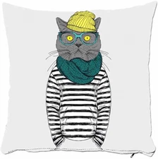Cat Throw Pillow Cover Home Decor 16x16 - Grey Cat with Glasses and Stripe Shirt