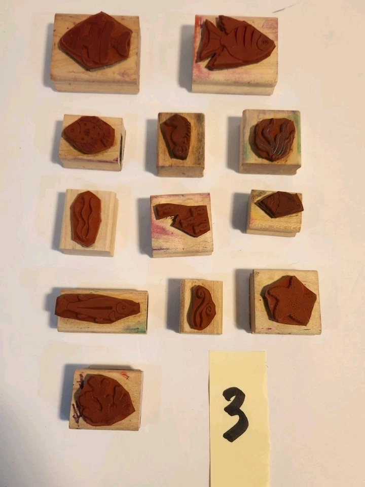 Lote de estampillas de goma de madera artesanales peces animales marinos océano estrellas de mar concha algas  Foto 2 de 4