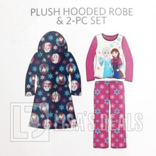 New Girl's Disney Frozen Plush Hooded Robe  Fleece Pajama Set Pink Blue 2T