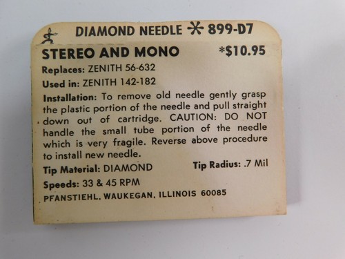 NOS Vintage Pfanstiehl Sapphire NEEDLE 899-D7  Replaces Zenith 56-632 - Picture 2 of 2