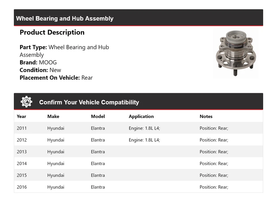 Conjunto de cojinete de rueda y buje trasero MOOG 2011 2012 para Hyundai Elantra 2011-2016 Foto 2 de 4