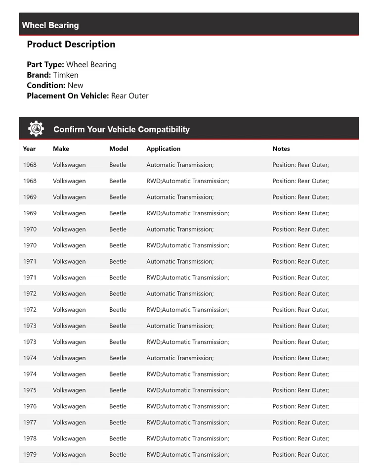 Cojinete de rueda exterior trasero para Volkswagen Beetle 1968-1979 Timken 1969 1970 1971 Foto 2 de 4