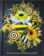 Bumble Bee Spring Wreath for front door Summer wreath black and yellow