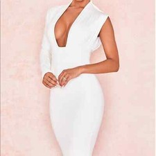 HOUSE OF CB/ Corinne White Asymmetrical Long Sleeve Sleek and Ruched Dress
