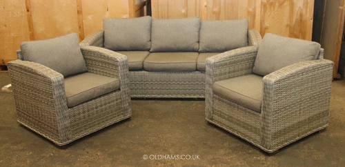 Jutlandia Patio / Garden Rattan Sofa & Armchair Set - Grey Cushions