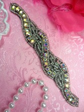 XR129 Black Backing Silver Beaded Crystal Aurora Borealis Rhinestone Applique