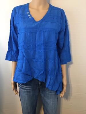Womens LuLu B Blue Boho Blouse Size: Medium Fringe Textured Asymmetrical Top