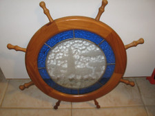Wooden Ship Wheel Nautical Wall Decor Stained Glass Lighthouse Image 20" RADIUS