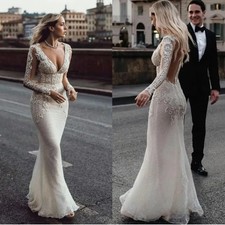 Sexy Boho Mermaid Wedding Dresses V-Neck Long Sleeves Lace Appliuqe Bridal Gowns