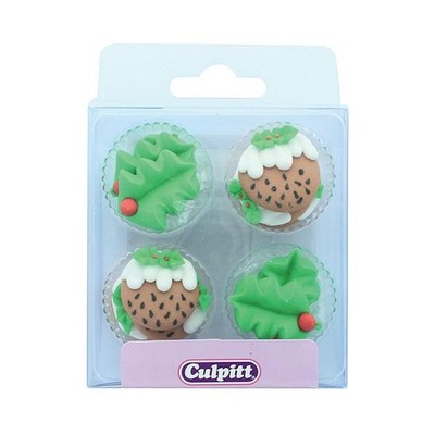 Essbare Tortendeko Sugardec Spritzguss Weihnachten Stechpalme & Pud 25 mm Cupcake Topper