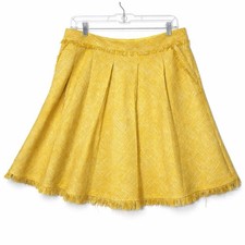 Maeve Anthropologie Yellow Mustard Pleated Tweed Skirt w/Fringe Size 14