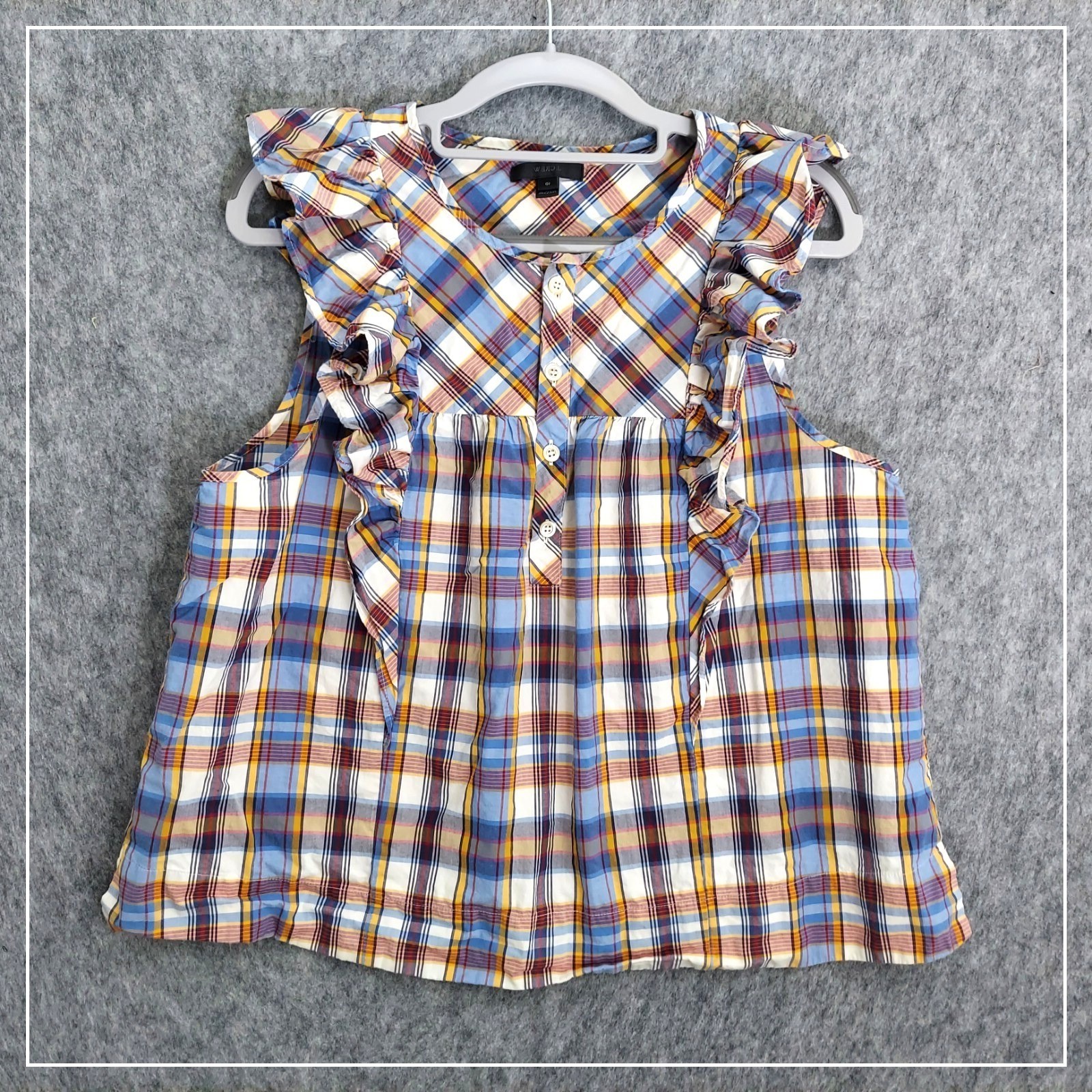 J.Crew Top Women 10 Blue Plaid Ruffle Trim Sleeveless Button Front Blouse