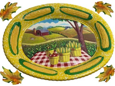 VTG Fall Harvest Serving Tray Platter French Country Pumpkin Farm Decor Retro