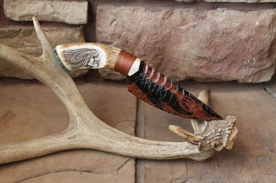 Tri Flow obsidian ~carved elk antler knife handle ~box elder burl ~Flintknapping