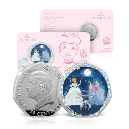 Disney Cinderella 75th Anniversary Limited Edition BU Farbe Silbermünze 2025 - Bild 1 von 5