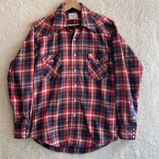VTG Wrangler Shirt Mens 16x35 Plaid Flannel Pearl Snap Extra Long Tails 60s