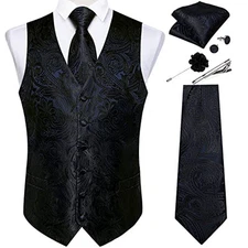  Mens Vest and Tie Set Formal Paisley Waistcoat and Medium Black Navy Blue