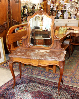 French Antique Carved Walnut Louis XV Marble Top Dresser / Vanity