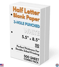 Premium Half Letter Blank Paper - 3-Hole Punched, 500 Sheets, 100 GSM, 5.5"x8.5