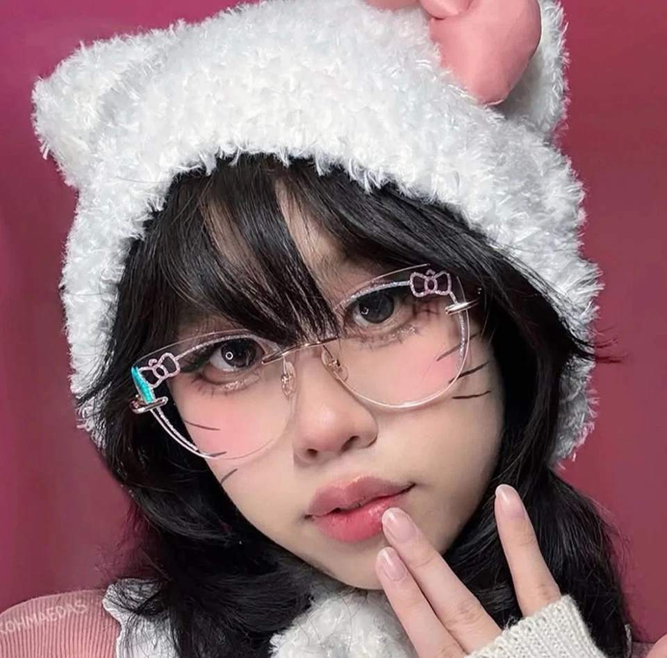 Kitty Eyeglasses Metal Rimless Silver Glitter, Pearl, Bows Pink New by LensAlter - Image 3 of 4