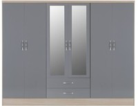 6 Door 2 Drawer Wardrobe in Grey Gloss/Light Oak Effect Veneer, 230x52x 182.5cm