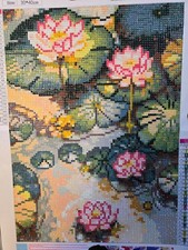 30x40cm Completed Diamond art Lillypads with Pink Flowers in water