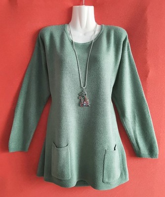 ZFY Damen Pullover Rippstrick Long Shirt m. 2 Taschen warm Hellgrün Gr. L/XL