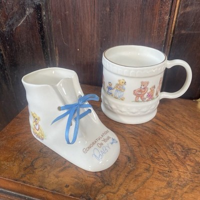 Vintage Donegal Belleek Pottery Baby Boot & Cup Birth Christening Gift