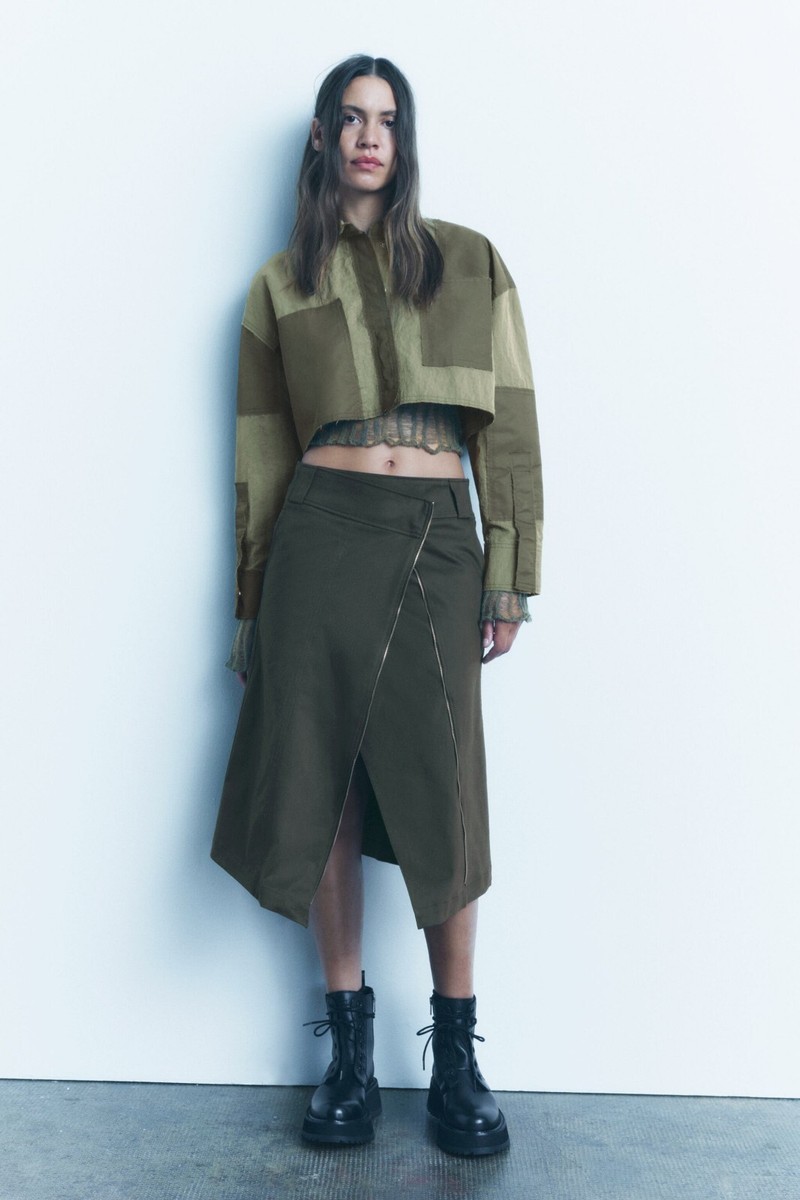 Zara Khaki Mid Waist Asymmetrical Midi Skirt With Faux Zip
