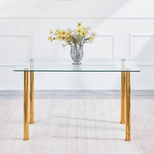 Clear Tempered Glass Dining Table Golden Leg&4x White Faux Leather Dining Chairs - Picture 3 of 9