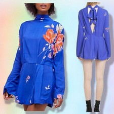 Free People Dress XS Gemma Long Sleeve Mini Blue Floral tie neck  bloomcore