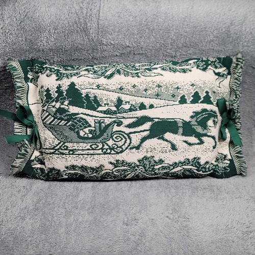 Almohada Cosida a Mano Verde Blanco Trineo Caballo Invierno Navidad Tema Delgada