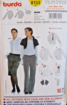 Burda Sewing Pattern 8153 Misses Bolero and Blouse Variations Sizes 10-24 UNCUT