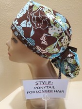 Flowers brown  tourquoise Women's Ponytail Surgical Scrub Hat/Cap Handmade