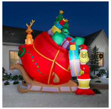 13' Inflatable LED Colossal Christmas Grinch and Max Sleigh Scene Yard Decor