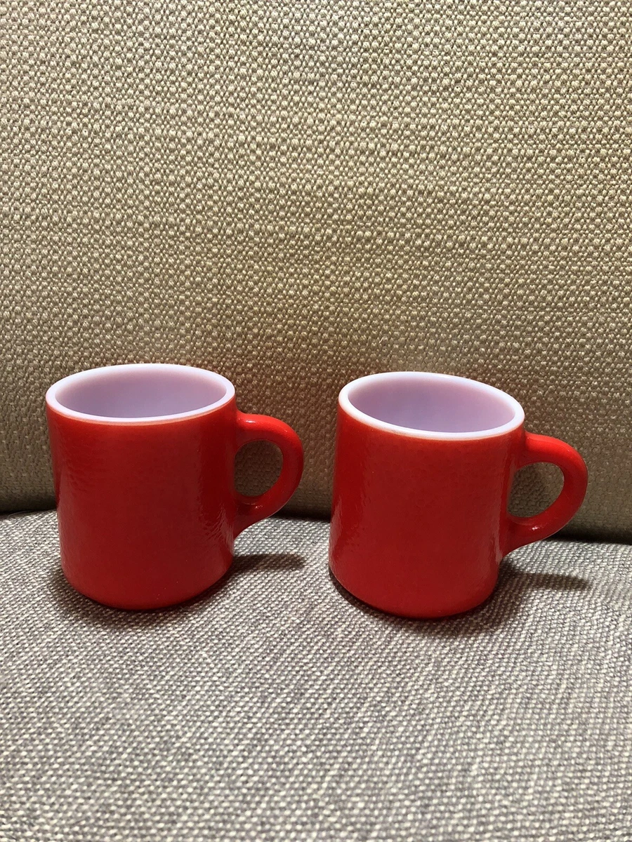 Vintage Red Textured White Milk Glass Coffee Mug Cup SET of 2