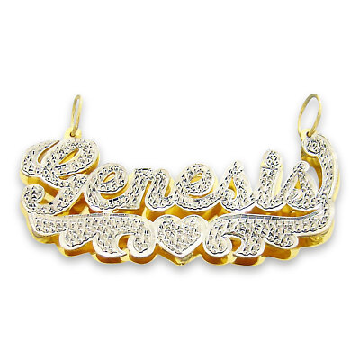 Massiver 10K Gold personalisierter 3D Doppelplatten Diamant Akzent Name Anhänger 2 Herzen