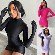 Womens Long Sleeve Mini Party Evening Dress Set Bodycon Dresses with Gloves Size