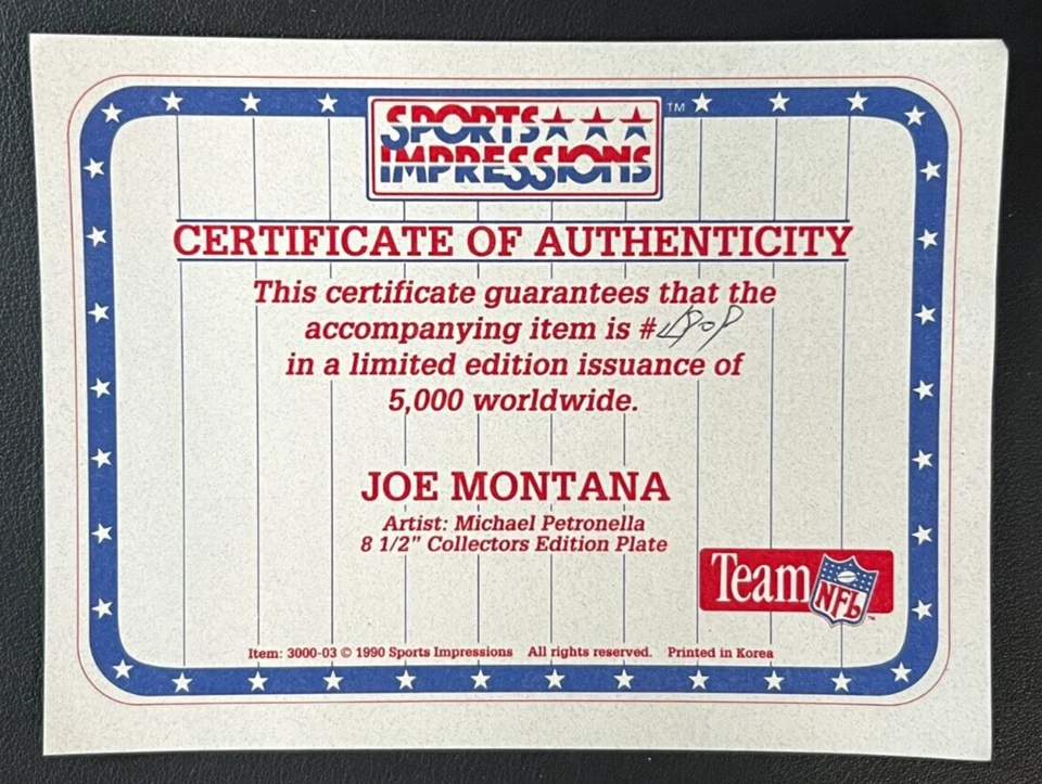 Sports Impressions Ltd. 1990 placa Joe Montana con certificado de autenticidad edición platino SF 49ers NFL! Foto 4 de 4