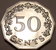 Large Rare Cameo Proof Malta 1977 50 Cents~Great Siege Monument~6,884 Minted~F/S