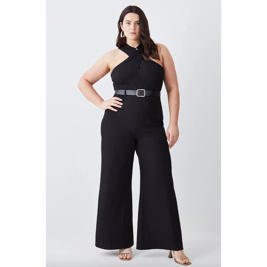 Premium Linen Topstitch Belted Jumpsuit | Karen Millen