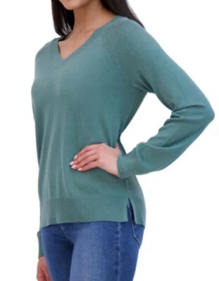 New Lucky Brand Ladies  Long Sleeve V-Neck Sweater Large L Green Seapine