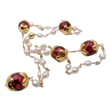 Cultured White Baroque Pearl Cz Pave Rosary Chain Red Murano Glass Long Necklace