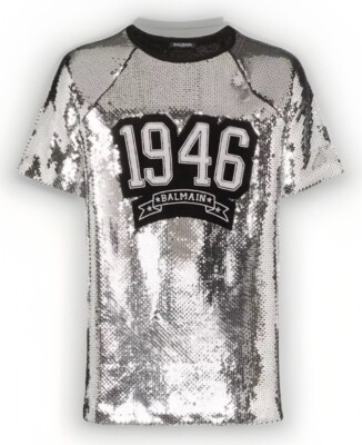 Balmain Paris Sequin-Embellished 1946 Logo T-Shirt Silver Size M RRP £1,325